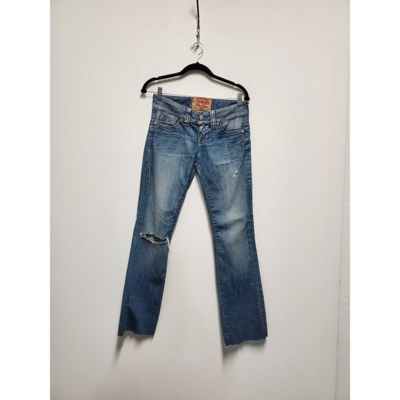 Guess Premium Ripped Cutout Blue Jeans VTG Denim Wash Leather Pockets Sz 26 - Picture 1 of 8